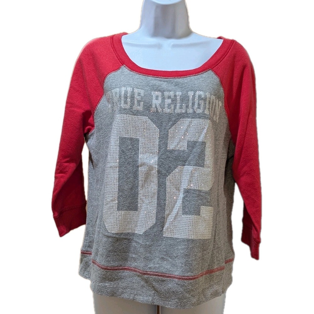 True Religion Ladies Long Sleeve Sweatshirt Gray/Red Size‎ M/M Embellishments